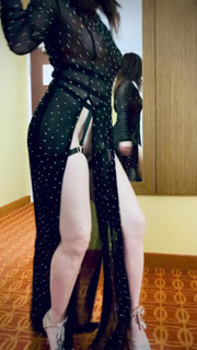HOT brunette in see-thru dress and heels teases