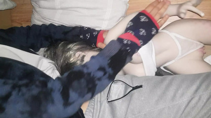 Slut discovers that she deepthroats while cum is spilled on her face and tits