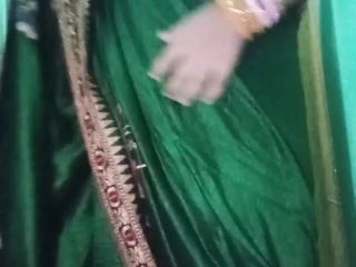 Indian Gay Crossdresser Gaurisissy in Green Saree Pressing Her Big Boobs and Fingering in Her Ass