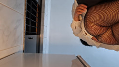 Secretary in fishnet stockings receives anal sex until the cream pie.