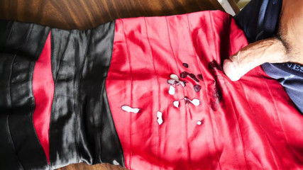 Double cumshot onto satin mini dress