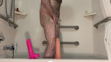 Scrub down in shower before getting dicked down with toy
