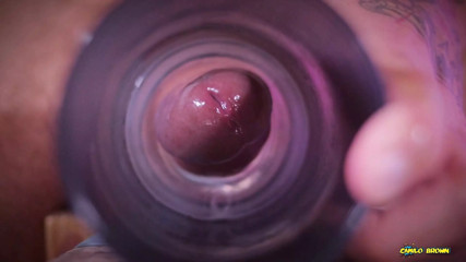 Closeup view from inside my fake pussy while I fuck it slow and passionate until I shoot a big load. Cum inside fleshlight.