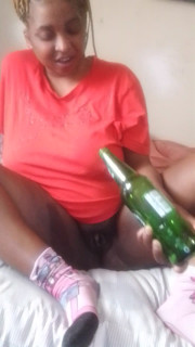 Pussy drilling with a bottle, sucking big clit with a bottle