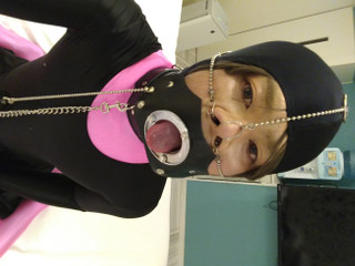 A cross-dressing boy turned into a female pig with pink full-body tights and a nose hook, and was further domesticated with a collar and gag shackles. thumbnail