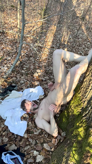 German boy self facial cum piss in public forest woods naked outdoor jerk off small dick big cock muscle straight guy