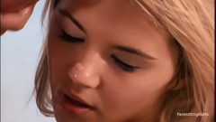 The blonde individual, with a voluptuous physique and a well-defined breasts, is committing herself to a male partner.