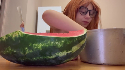 Giantess Stepsister Eats Watermelon and Is Really Horny While Tiny Stepbrother Watches Giantess Stepsister Eat