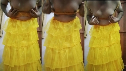 Indian gay Crossdresser Bottom pressing and playing with her big boobs in yellow gown real homemade sex