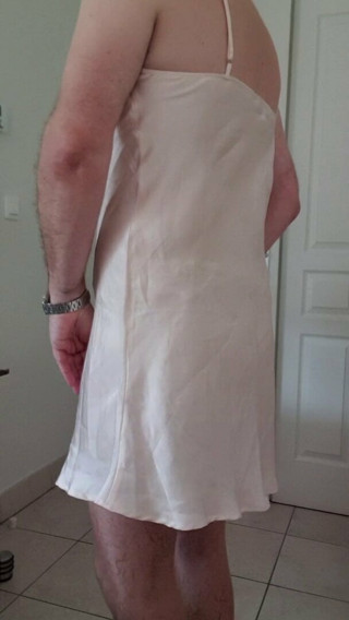 Exposing MarieJo panties in satin nightie and stockings