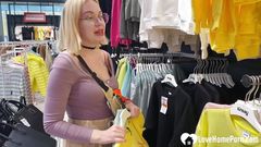 Gf gives a blowjob in the changing booth