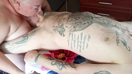 mother-in-law massages penis with her hands, mouth and tits