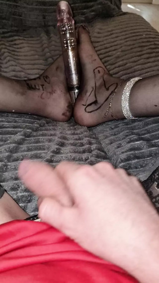 CD sissy slut playing with nylon feet cock