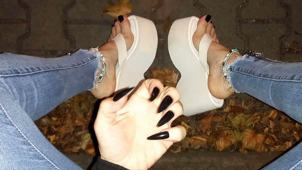 Night walk in my ripped skinny jeans &amp; ultra-high white platform flip-flops, showing off my painted toes