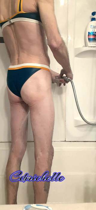 Crossdresser Cdmichell Wearing Blue Two Piece Swimsuit thumbnail