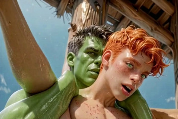 Hulk dominates Peter's ass on deck with raw standing anal - 3D Gay Animation