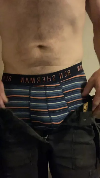 After a hard days work change into straight apprentices cum stained boxers. Impress with bulge.