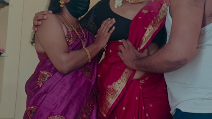 Sisters enjoying threesome romance in bed with neighbour batchelor men