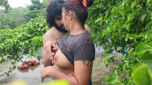 out door terrace rain romance with boobs suck and boobs press