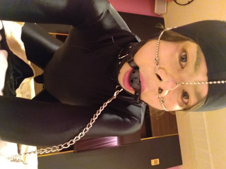 A cross-dressing boy masturbated wearing full-body tights with a nose hook and a ball gag. thumbnail