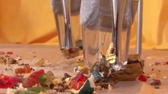Blonde bitch pissing and trampling food while maasturbating