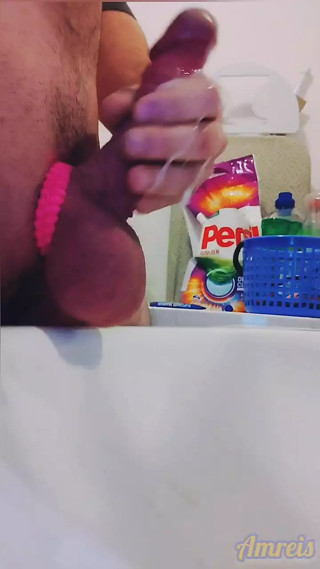 Cum powerfully in the bathroom. Big balls.