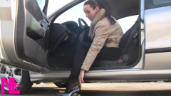 Pedal Pumping in Black Pantyhose and Grey Patent High Heels