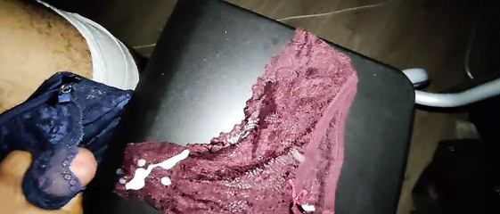 Cumming on beautiful red panties with help of big G cup bra