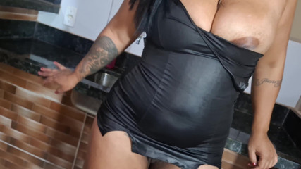 Big Ass Brunette in Tight Black Leather Dress Twerking and Flashing Hairy Pussy