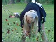 Lewd gardener proposes a blonde maid little fucking in the green grass