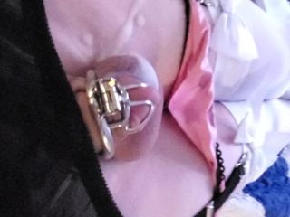 Sissy Lisa&#039;s self-care: chastity cage + magic wand + dildo