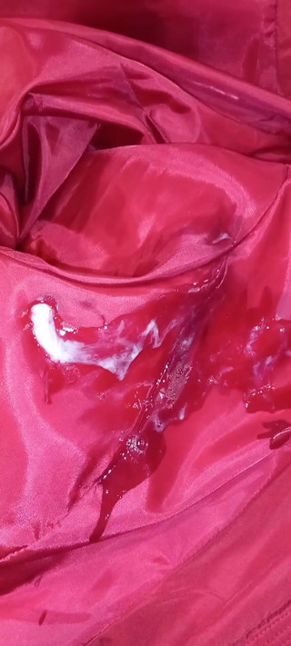 4 cumshots on the sweet lining of a red lady puffer coat