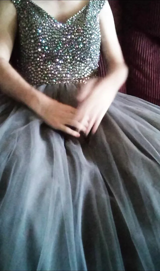 Girl's gray ball gown prom dress makes my cum fly