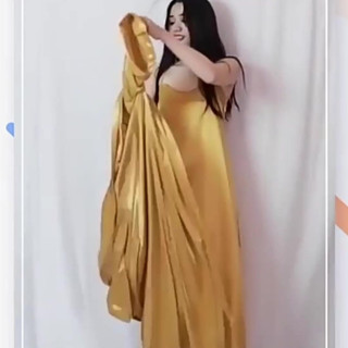 Masturbating and Peeing with Gold Satin Long Nightgown