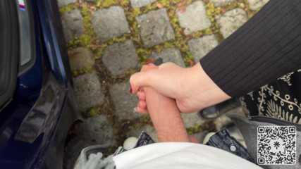 Public Parking Lot Handjob Next to Stranger and Bus Cum Finish