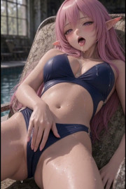 3d anime pink hairy in swimsuit masturbates in and around the pool