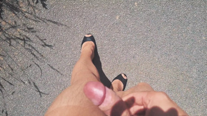 Public outdoor cumshot in pantyhose and high heels