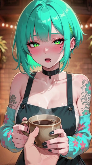 Turquoise-haired, huge tits anime waitress gets fucked by a client – AI-generated content