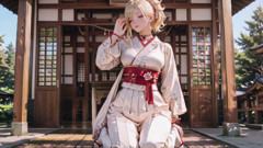 Blonde Kimono Girl's Shrine Secret! Kneeling Under the Torii Gate in a Beige Modified Kimono