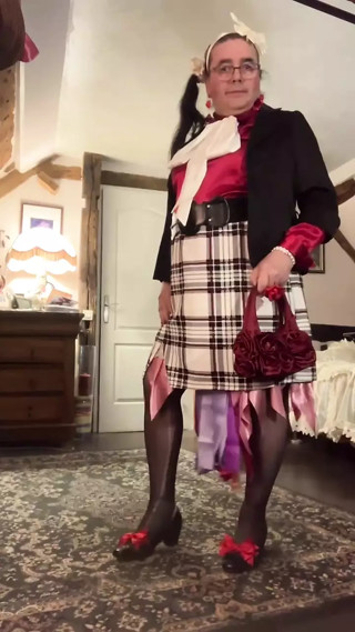 In secretary-style outfit with a short plaid skirt for a night out
