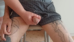 Mother-in-law Jerks off My Cock and Watches a Powerful Shot of Sperm Close up