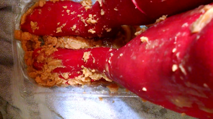 Food smearing my red nylon pantyhose feet, legs, crotch with yams and baked beans. thumbnail