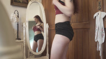 I change several clothes asking Sissi's opinion, but I get horny looking at myself in the mirror