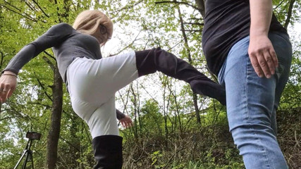 Maso slave treated hard by Tranny Dom! Outdoor CBT, ballbusting and mouthfuck! thumbnail