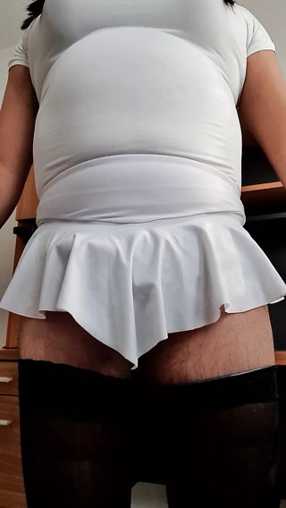 White miniskirt modeling and self touching
