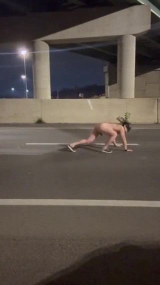 Highway Bridge Exposure: Asian Muscle Hunk Flexes Bare Naked, Dangles Dick &amp; Jerks off for All