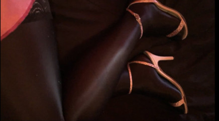Hot Legs dressing Black Glossy tights, Satin Pink Skirt &amp; So Sexy Pink sandals. thumbnail