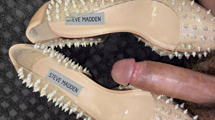 Rubbing cock on friend's spiky heels