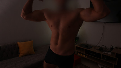 Strong guy posing while wanking at the evening and cums a lot