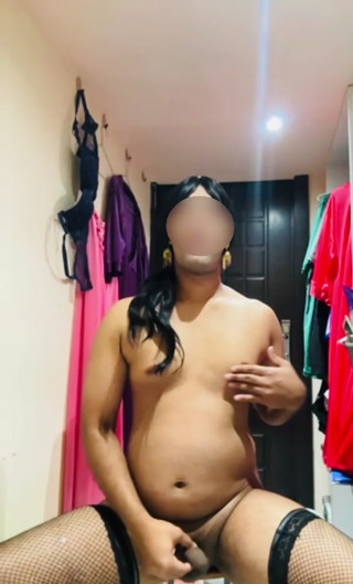 Crossdresser playing with dildo toy thumbnail